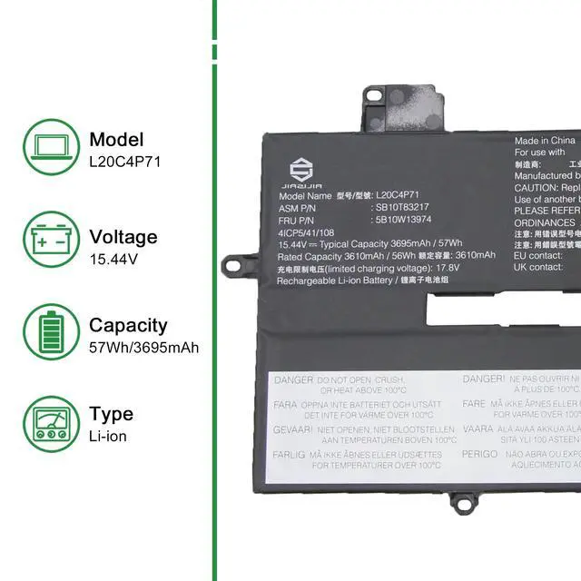 Alt view image 2 of 4 - L20C4P71 Laptop Battery Replacement for Lenovo ThinkPad X1 Carbon 9th 10th 11th Gen X1 Yoga 6th 7th 8th Gen Series SB10T83217 5B10W13974 L20M4P71 SB10T83216 L20D4P71 L20L4P71 15.44V 57Wh