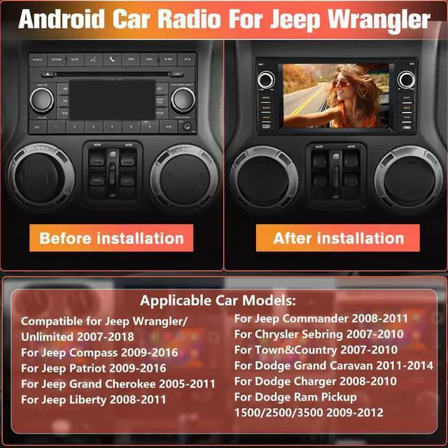 Alt view image 3 of 4 - Android 13 2GB+64GB Car Radio Stereo for Jeep Wrangler 2007-2018/for Dodge Ram 1500/2500/3500 with Wireless Carplay & Android Auto/Mirror Link/WiFi/FM/Rear Camera, Support SWC/Bluetooth