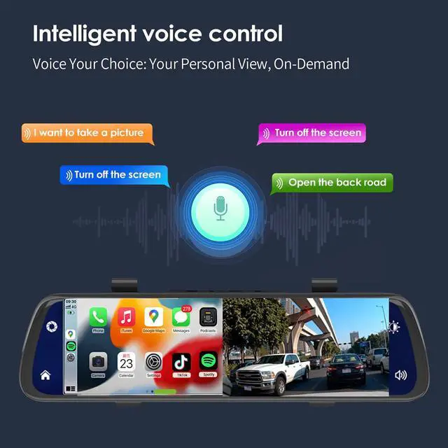 Alt view image 4 of 4 - 10'' Rearview Mirror Camera with CarPlay&Andorid Auto,2K Mirror Dash Cam Front and Rear Backup Camera with Reverse Assist/Loop Record/G Sensor/Voice Control&Split Touch Screen