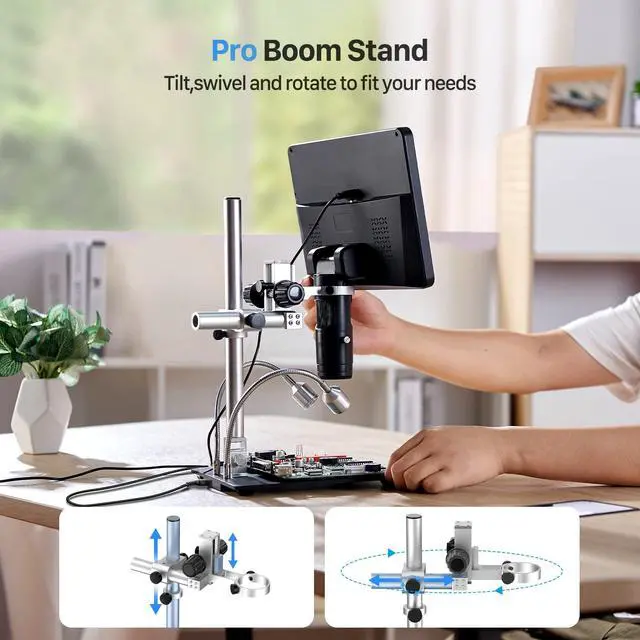 Alt view image 2 of 4 - DM602 Pro 10.1" HDMI Digital Microscope 2000x, Pro Boom Arm Stand, LCD Soldering Microscope with 3 Lens, Adults Scope for Electronics Repair, Coin Magnifier Ring Light, PC Compatible, 16G