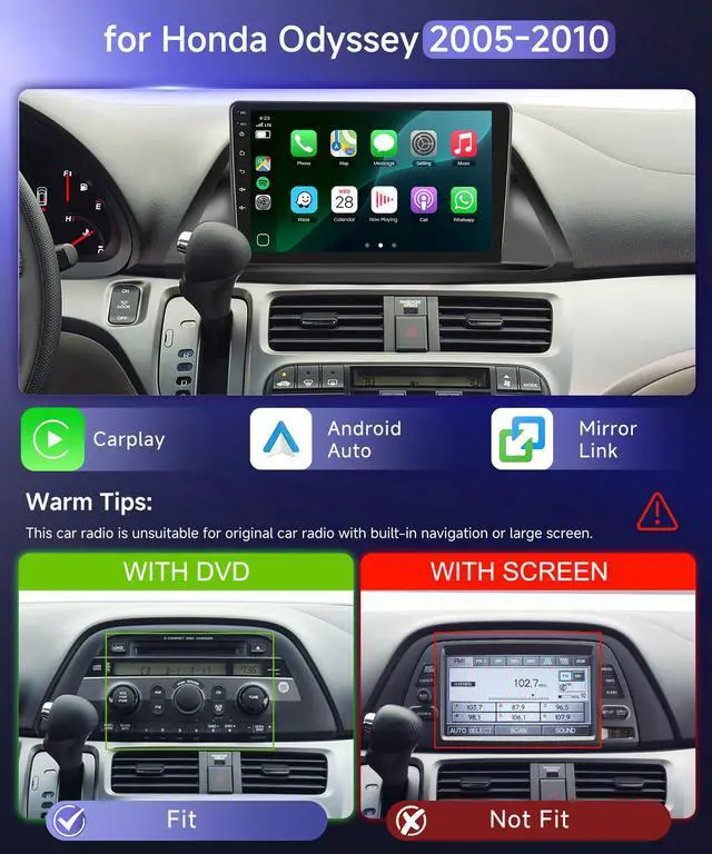 Alt view image 2 of 4 - 4G+64G Car Radio Stereo for Honda Odyssey 2005-2010 10.1inch IPS Touch Screen/Android 15/Wireless CarPlay/Android Auto/DSP 32 EQ/GPS Navigation/WiFi/5.0Bluetooth/FM/RDS/SWC/AHD Backup Camera