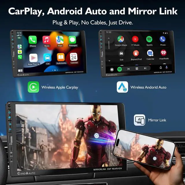Alt view image 2 of 4 - 9" Single DIN Car Stereo with Wireless Apple CarPlay and Android Auto,UHD Car Radio IPS Touchscreen,1080P Back Camera,Mirror Link, Voice Control, Bluetooth 5.3,GPS,AM&FM,Type-C (9016-with Camera)