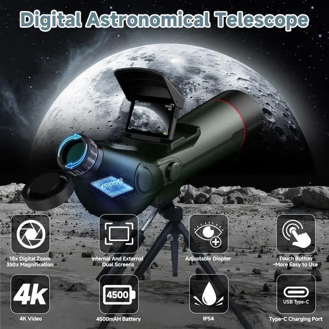 Alt view image 2 of 4 - Smart Telescope, Professional Refractor Auto-focus Portable Digital Electronic Telescopes with 4K Astrophotography Camera, Internal And External Dual Screens Spotter for Adults and Beginners Astronomy
