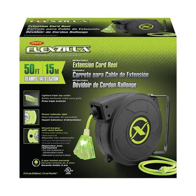Alt view image 2 of 4 - Retractable Extension, 14/3 AWG SJTOW, 50', Grounded Triple Tap Outlet Electric Cord Reel, ZillaGreen, FZ8140503