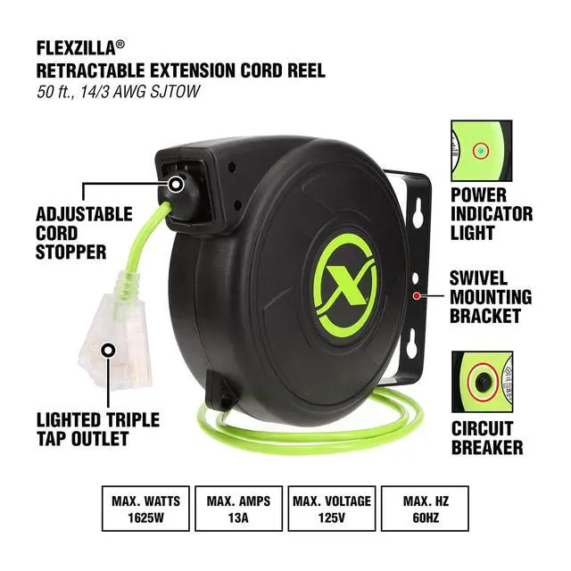 Alt view image 3 of 4 - Retractable Extension, 14/3 AWG SJTOW, 50', Grounded Triple Tap Outlet Electric Cord Reel, ZillaGreen, FZ8140503