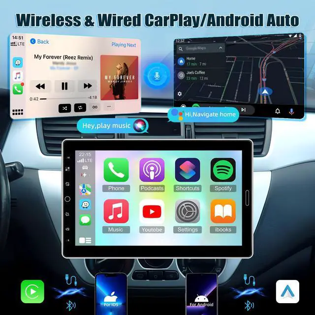 Alt view image 2 of 4 - 10.1 inch Single Din Car Stereo with Wireless Carplay 10 inch Touchscreen Radio Support FM Radio/YouTube Video/Car Play/Android Auto/Bluetooth/SWC + Backup Camera + Mic