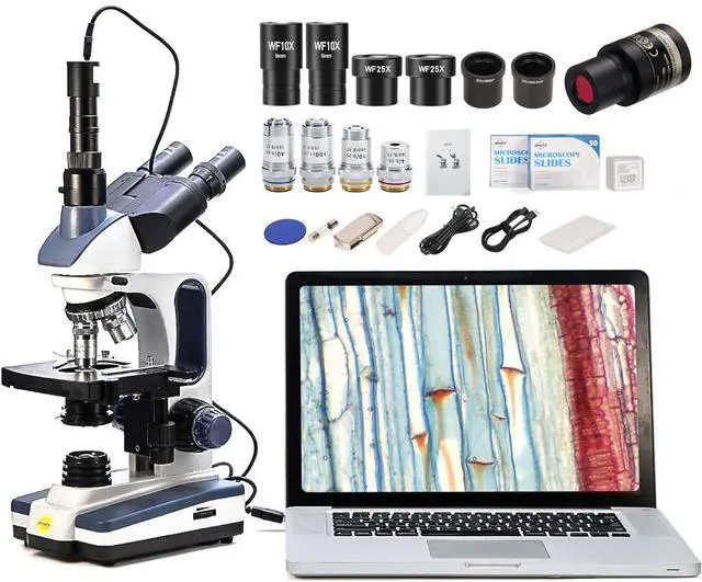 Main image of Trinocular Compound Microscope SW350T,40X-2500X Magnification,Siedentopf Head,Research-Grade,Two-Layer Mechanical Stage,1.3mp Camera and Software Windows and Mac Compatible
