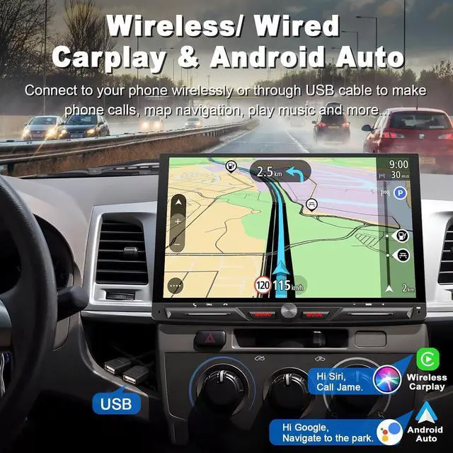 Alt view image 3 of 4 - Wireless 10.1" Single Din Car Stereo CarPlay Radio, Carplay Android Auto Touch Screen, Bluetooth 5.3, Car Audio Receiver, 240W Subwoofer, Backup Camera, FM/AM SWC