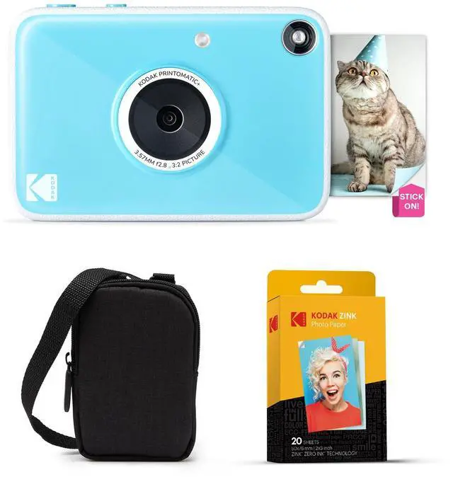 Main image of Printomatic+ Instant Print Digital Camera Starter Bundle + Carrying Case + Zink 20pk Sticky-Back Photo Paper - 10MP, Full-Color Photos, GB LED Status Indicator - Blue