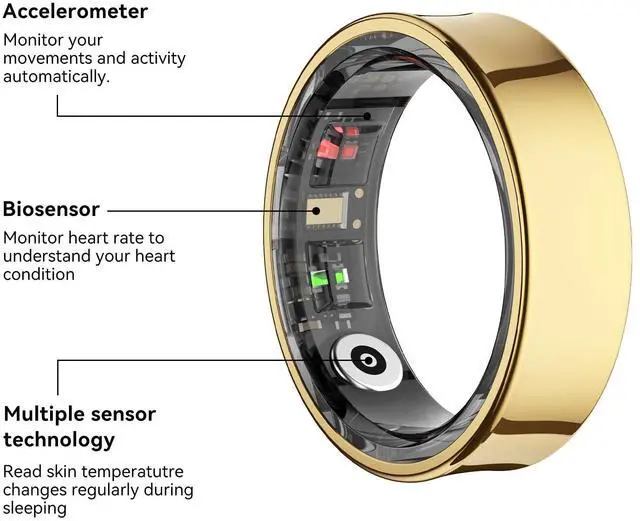 Alt view image 2 of 4 - Smart Ring Health Tracker, Smart Rings for Men & Women, No Subscription Required, Long-Lasting Battery Sleep Ring, Fitness & Sleep Monitor Compatible with iOS & Android (Gold, 11)