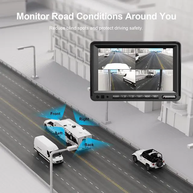 Alt view image 4 of 4 - HD 1080P 7" Wired Backup Camera System, 7-inch Quad Split Screen Monitor W/Recording, IP69 Waterproof Side View Rear View Cameras, Parking Lines for Truck/Trailer/RV/Tractor/ 5th Wheel (DY704)