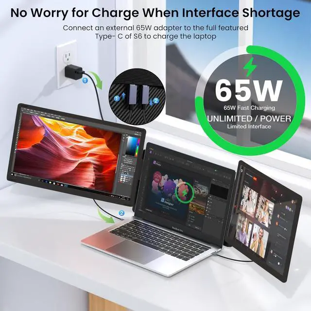 Alt view image 3 of 4 - 14'' Screen Extender Portable Laptop Plug-play, 1080P IPS Laptop Monitor Extender Built-in Speaker, HDMI/USB-A/Type-C Triple Monitor for 13''-17.3'' Laptops, Work with Mac, Windows, Chrome, Switch