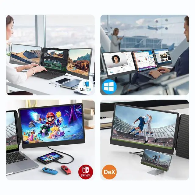 Alt view image 4 of 4 - 14'' Screen Extender Portable Laptop Plug-play, 1080P IPS Laptop Monitor Extender Built-in Speaker, HDMI/USB-A/Type-C Triple Monitor for 13''-17.3'' Laptops, Work with Mac, Windows, Chrome, Switch