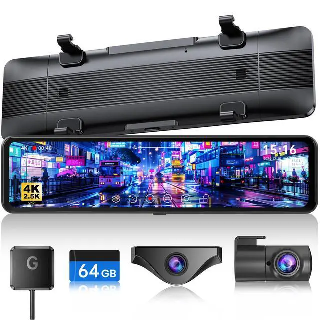 Main image of T860+ Mirror Dash Cam 4K Front and 2.5K Rear, Detached Front Camera for 10-Minute Install, 3X Zoom Rear View Mirror Camera, 64GB Card Included, Night Vision, WDR, Parking Assist, GPS