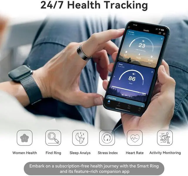 Alt view image 3 of 4 - Smart Ring Health Tracker, Smart Rings for Men & Women, No Subscription Required, Long-Lasting Battery Sleep Ring, Fitness & Sleep Monitor Compatible with iOS & Android (Black, 7)
