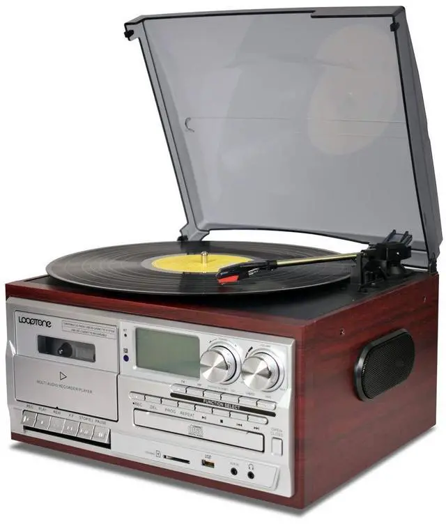 Main image of Vinyl Record Player 9 in 1 3 Speed Bluetooth Vintage Turntable CD Cassette Player AM/FM Radio USB Recorder Aux-in RCA Line-Out (Silver)