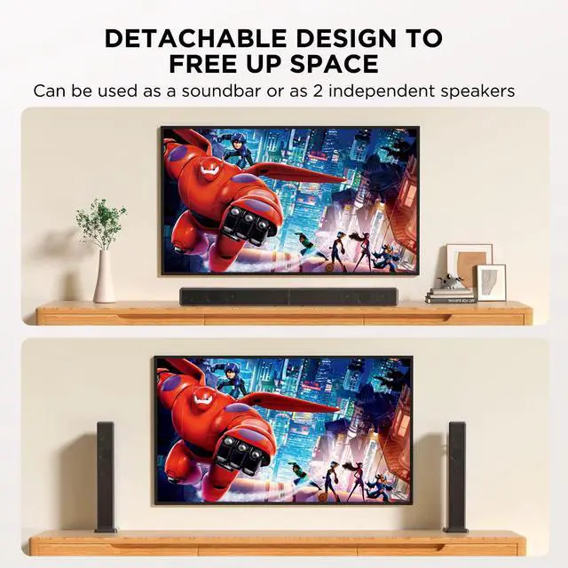 Alt view image 2 of 4 - 2.0 ch 100W Sound Bar for Smart TV, 2-in-1 Detachable Bluetooth 5.3 Speaker with 3 EQ Modes & Adjustable Bass - Home Theater Audio for Movies, Gaming, Music
