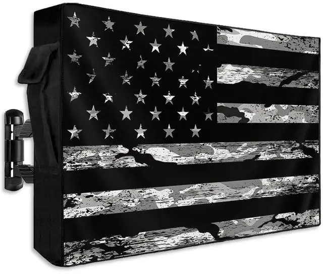 Main image of American Flag Outdoor TV Cover 70 to 75 Inch Weatherproof, Camouflage Black Stripes 600D Oxford TV Covers with Zipper, Vintage US Flag Outside Flat TV Screen Protector Size 68"W x 42"H x 4.5"D