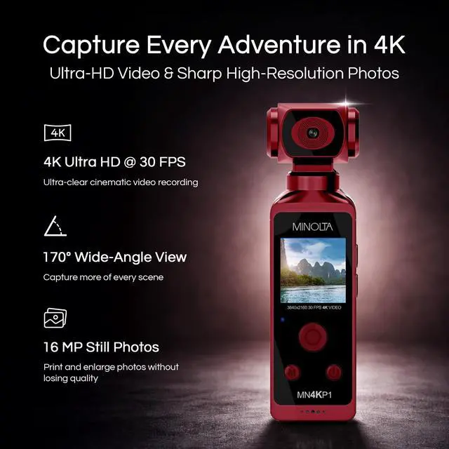 Alt view image 2 of 4 - 4K Ultra HD Pocket Camcorder WiFi Enabled Action Camera with 16MP Photos, 170° Wide Angle Lens, 270° Rotating Head, Slow Motion, 1.3-inch Display - 16GB Card & Waterproof Case (Red)