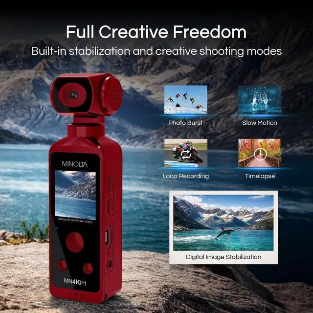 Alt view image 3 of 4 - 4K Ultra HD Pocket Camcorder WiFi Enabled Action Camera with 16MP Photos, 170° Wide Angle Lens, 270° Rotating Head, Slow Motion, 1.3-inch Display - 16GB Card & Waterproof Case (Red)
