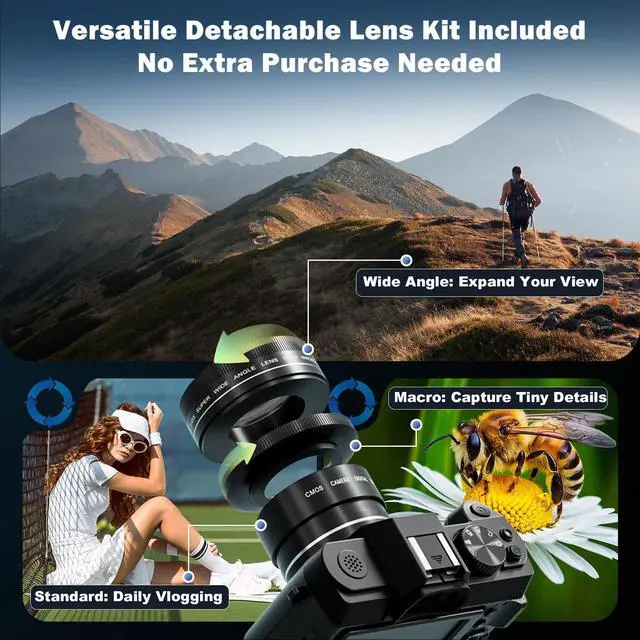 Alt view image 3 of 4 - 4K Vlogging Camera with Detachable Macro & Wide Lens Kit - WiFi & App Control, Supports up to 48MP Photos, Compact Digital Camera for Beginners, 16X Zoom & Anti-Shake (32GB Card Included)