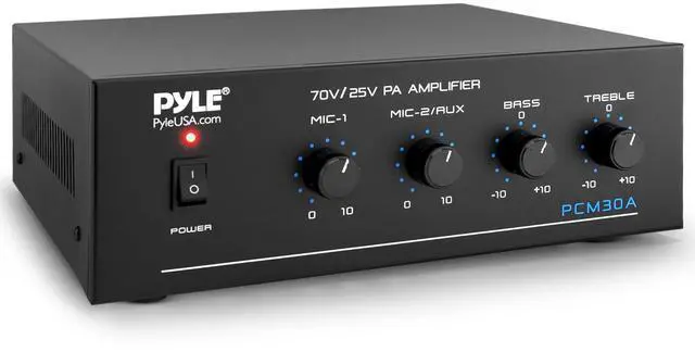 Main image of Compact 60 Watt Power Amplifier - Office, Home, Public Address System w/ RCA, 2 Microphone IN, 25/70 Volt Outputs, LED, Input Selector, Mic Talkover, Telephony, Music On Hold - PCM30A