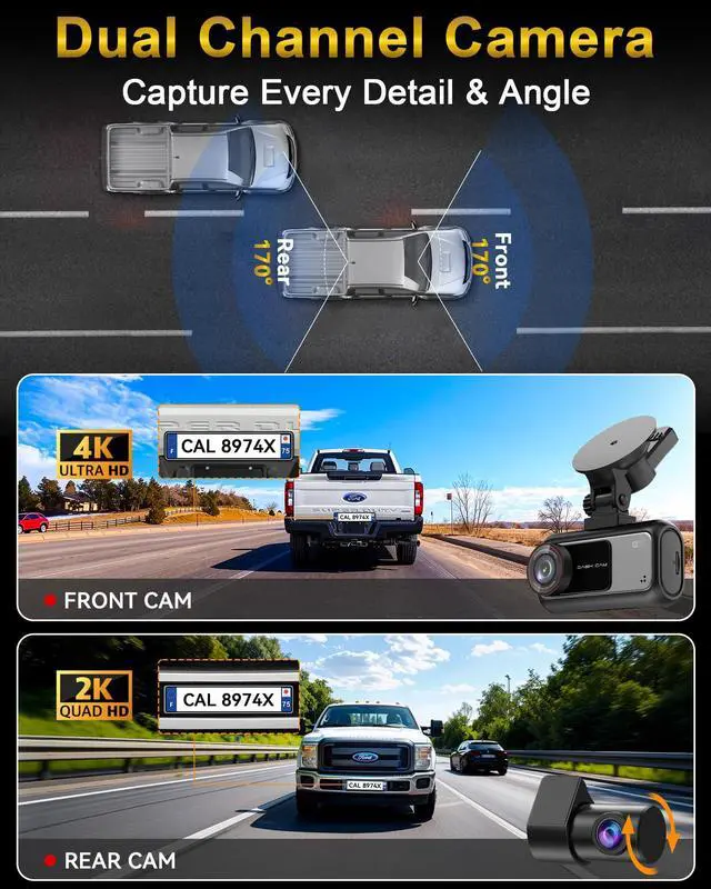 Alt view image 2 of 4 - Truck Dash Cam Easy-Steup: Dual Camera 4K Front and 2K Rear with Night Vision GPS WiFi Clear Captures Pickup Trucks License Plates - 72H Parking Monitoring for Daily Commute