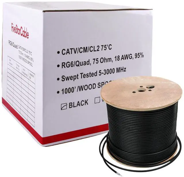 Main image of Five Star RG6 Quad Shield Coaxial Cable, 18AWG, 75 Ohm, 1000 ft Spool, ETL Listed, Black - Double Braid Shield, CCS Conductor, PVC Jacket for Broadcast, Satellite, and Cellular Applications