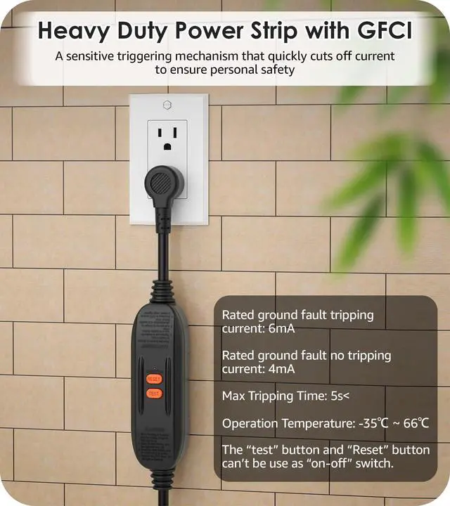 Alt view image 4 of 4 - Heavy Duty Power Strip Surge Protector 20 AMP, Industrial GFCI Multiple Outlets Extender 12 Gauge 6 FT Extension Cord. Black High-Amp 8 Plugs for Shop Garage Kitchen