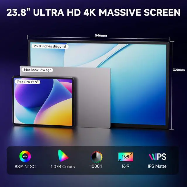 Alt view image 3 of 4 - 23.8" 4K Portable Monitor, UHD 3840x2160 IPS 400nits 100% sRGB Calibrated Color Gaming Monitor, USB-C HDMI Laptop Screen Extender with Speakers for Desktop, MacBook, PS5, Xbox, Switch