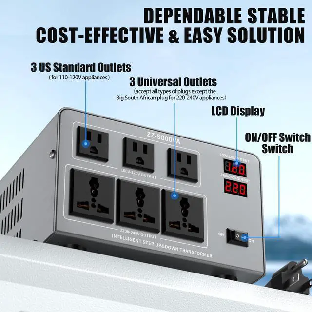 Alt view image 2 of 4 - 5000W Voltage Converter Transformer Step Up/Down 110V/120V to 220V/240V, Auto Voltage Recognition, Heavy Duty Power Converter with 6 Outlets, LCD Display & Circuit Breaker for Home, International Use