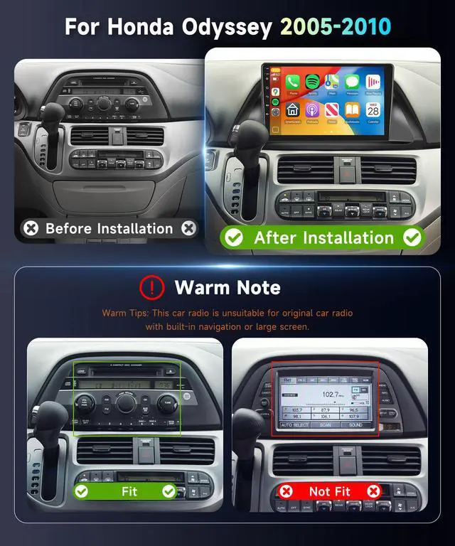 Alt view image 2 of 4 - 5Ghz WiFi Car Radio Stereo for Honda Odyssey 2005-2010 2+64G, 10.1" Touch Screen/Android 15/Wireless CarPlay/Android Auto/DSP EQ/GPS Navigation/Bluetooth/FM/RDS/SWC/HD Backup Camera