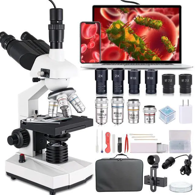 Main image of Compound Trinocular Microscope, 40X-5000X Magnification, Research Grade Professional Microscope with USB Camera and Mechanical Stage, Microscope for Adults