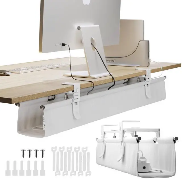 Main image of Original No Drill Under Desk Cable Management Tray 40.6" - Premium White Fabric Cable Management Under Desk - Clamp/Screw Mount Cord Organizer - Supports Upto 66lbs - Large