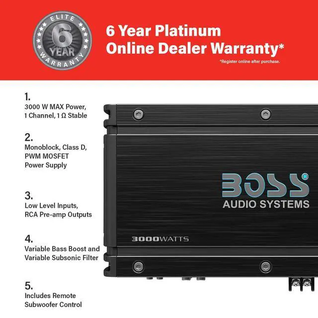 Alt view image 3 of 4 - BOSS Audio OX3KD Onyx Model 3000 Watt High Output Monoblock Full Range Class D Amplifier with Variable Low Pass Crossover and Remote Control