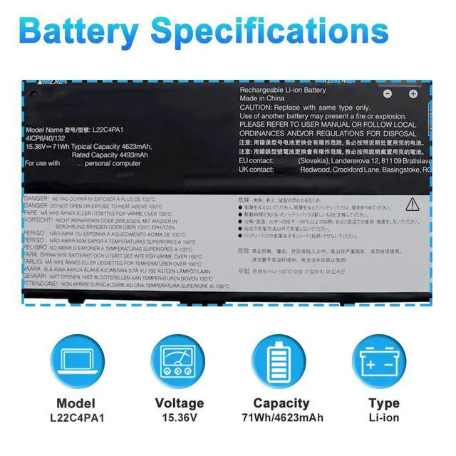 Alt view image 2 of 4 - L22C4PA1 L22M4PA1 SB11K38965 Battery Replacement for Lenovo Yoga 7 14ARP8 14IRL8 16IRL8 16ARP8 Yoga 7 2-in-1 14IML9 14AHP9 16IML9 16AHP9 Series L22D4PA1 71Wh 4623mAh 4-Cell