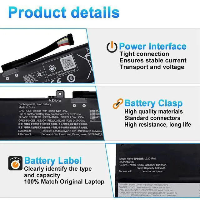 Alt view image 3 of 4 - L22C4PA1 L22M4PA1 SB11K38965 Battery Replacement for Lenovo Yoga 7 14ARP8 14IRL8 16IRL8 16ARP8 Yoga 7 2-in-1 14IML9 14AHP9 16IML9 16AHP9 Series L22D4PA1 71Wh 4623mAh 4-Cell