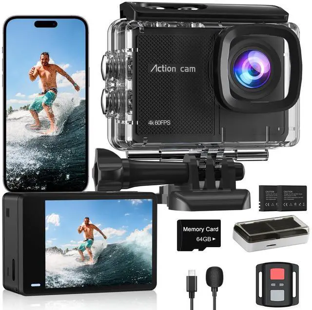 Main image of 4K 60FPS Action Camera with 64GB Card-48MP Waterproof Camera,40M Underwater Camera,8X Zoom,EIS Stabilization,WiFi,Remote Control,MotorcycleCamera with 2 Rechargeable Batteries