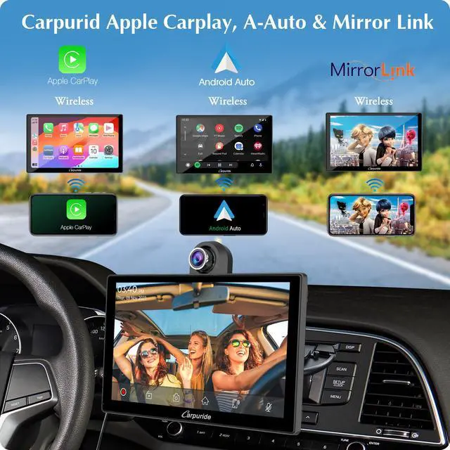 Alt view image 2 of 4 - W905 Wireless Carplay & Android Auto, Portable 9'' Touch Car Screen, 4K Dash Cam,Drive Play Car Play Navigation with Mirror Link/Siri/FM/Bluetooth/Light Sensor