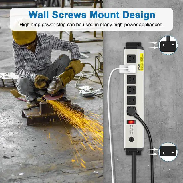 Alt view image 4 of 4 - 2 of 12 Gauge Heavy Duty Power Strip Surge Protector 4800J, 20 Amp 6 Plug Industrial Shop Garage Metal Multiple Outlet, 10FT Extension Cord 5-15P Adapter High Amp 6-20R T-Slot 20a for Appliance