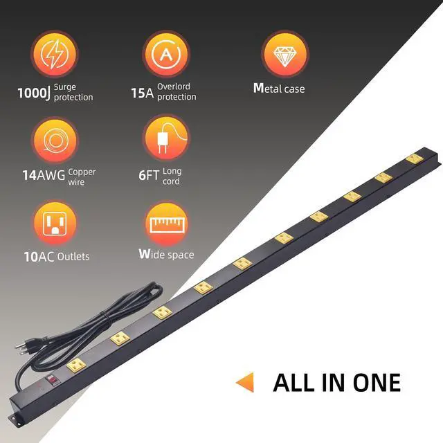 Alt view image 2 of 4 - 10-Outlet Heavy Duty Power Strip Surge Protector Metal Long Extension Cord 6-Foot, SGS Certified,Black(1000J)