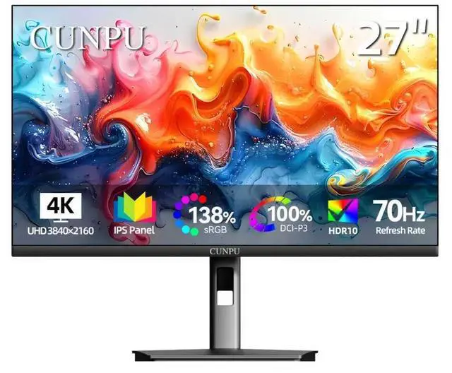 Main image of 27 Inch 4K 70Hz Monitor, UHD (3840 * 2160) IPS Ultra-Slim Bezel Monitor for Photo Video Editing, E < 2, 100% DCI-P3, 1.07B+ Colors, PIP-PBP, Adaptive Sync, DP/HDMI, Black