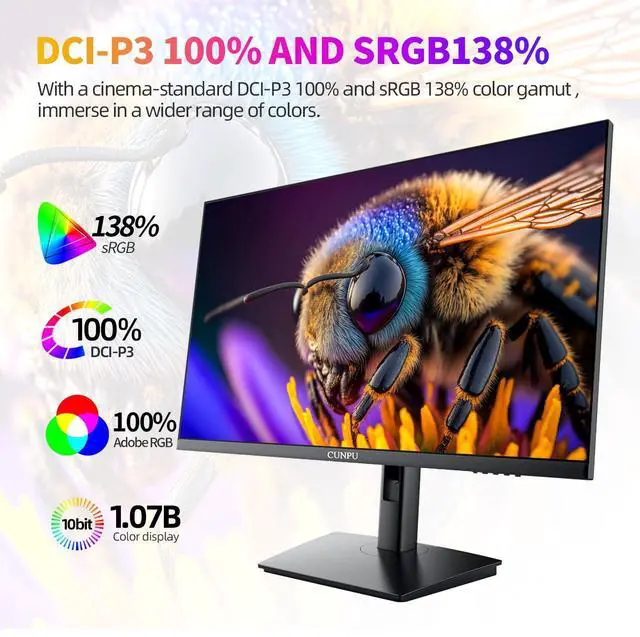 Alt view image 4 of 4 - 27 Inch 4K 70Hz Monitor, UHD (3840 * 2160) IPS Ultra-Slim Bezel Monitor for Photo Video Editing, E < 2, 100% DCI-P3, 1.07B+ Colors, PIP-PBP, Adaptive Sync, DP/HDMI, Black
