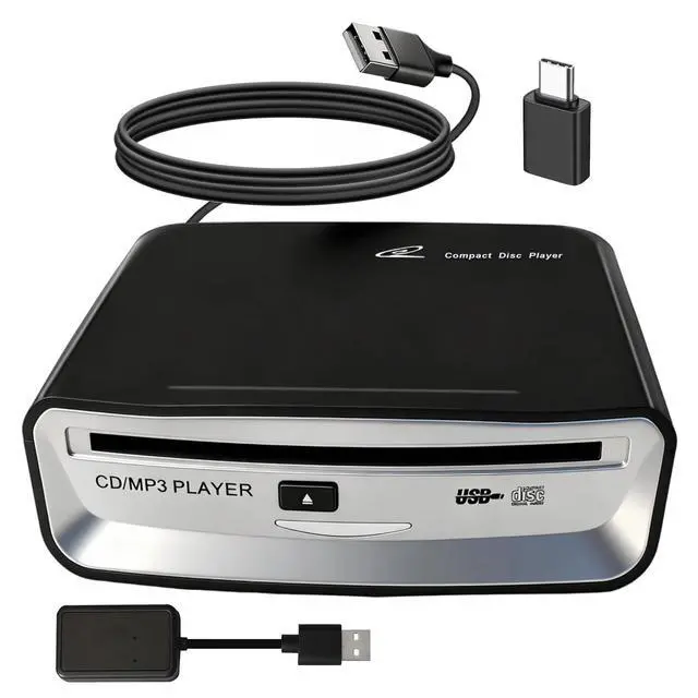 Main image of Portable CD Player for Car, External USB Compact Disc Drive for Vehicles Without Built-in Audio, Advanced Anti-Skip & Resume Playback, Dual Connection for Road Trips, Black