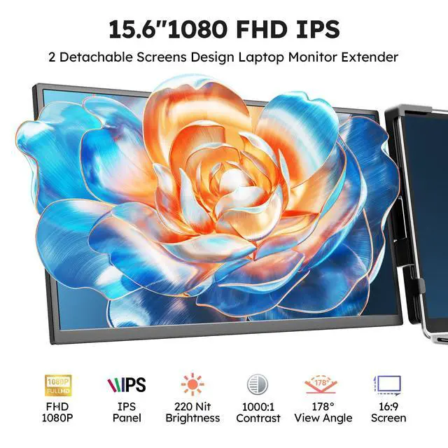 Alt view image 3 of 4 - 15.6" Screen Extender for Laptop, FHD 1080P IPS Portable Monitor for Laptops, Triple Dual Laptop Extended Monitor Compatible with Windows, Mac, Android, Chrome 13-17 Inch Laptops