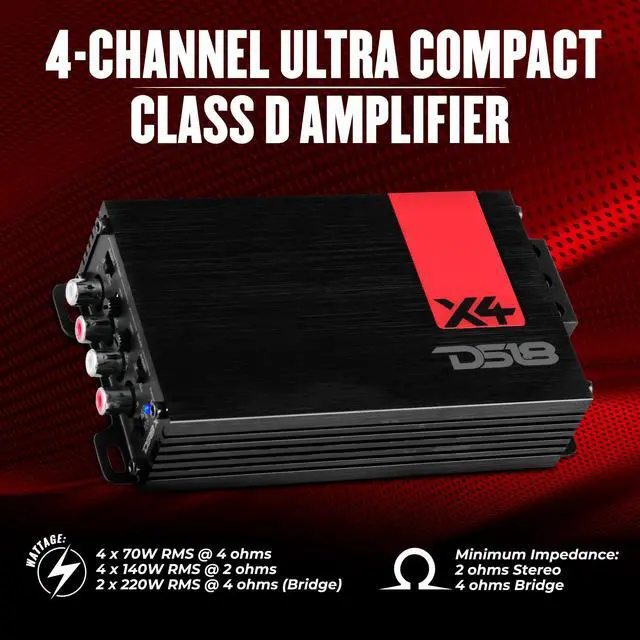 Alt view image 2 of 4 - X4 Amplifier 4-Channel Ultra Compact Class D 4 x 70 Watts RMS @ 4-ohm, Stereo Full Range, Car Audio Amplifier, Great Compact Amp for Motorcycle, Powersports