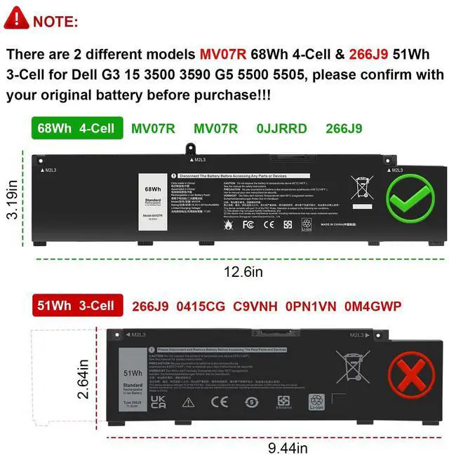Alt view image 2 of 4 - (15.2V 68Wh) MV07R Laptop Battery Replacement for Dell G3 15 3500 3590 3700 3790 G5 15 5500 5505 SE Series Notebook 0415CG 72WGV 072WGV W5W19 0W5W19 JJRRD 0JJRRD 266J9 M4GWP 0M4GWP PN1VN 0PN1VN C9VNH
