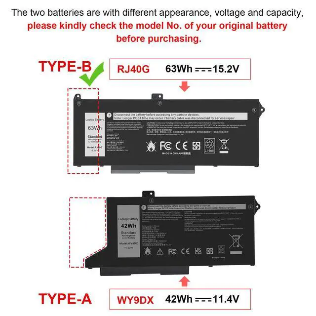 Alt view image 2 of 4 - RJ40G 005R42 0WK3F1 0M3KCN M033W 01K2CF Laptop Battery Replacement for Dell Latitude 15 5520 Latitude 14 5420 Precision 15 3560 Series 075X16 WY9DX P137G P137G001 P104F P104F001