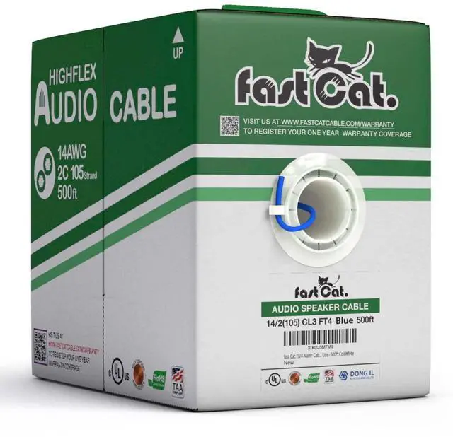 Main image of Speaker Wire 14 Guage 2C, UL Listed & CMR/CL3R-FT4 Rated - Speaker Cable w/PVC Jacket, 100% Oxygen-Free Pure Bare Copper - (105) HighFlex 14 Guage Wire - in-Wall Use-500ft Bulk Cable, Blue