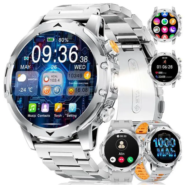 Main image of Military Smart Watches for Men with Answer/Make Call, 1.53 HD Smart Watch with 1000 mAh Battery/LED Torch/120+Sports/Waterproof IP68, Watch for Men Compatible with Android/iOS(Silver)